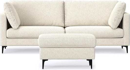 SIMPLIHOME Ava Sofa and Ottoman in 100% Recycled Polyester Performance Fabric, Cream, 90-inch-wide 3-Seater Couch and Matching 36-inch-wide Table Ottoman for Living Room, 2-Piece Set