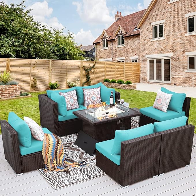 NICESOUL 7 Piece Outdoor Furniture Set with Firepit Natural Gas & Propane, Plus Size Big Modern Patio Conversation Couch, 29.3 High Back Comfy Sectional Sitting Group, Brown Rattan and Teal Cushoin
