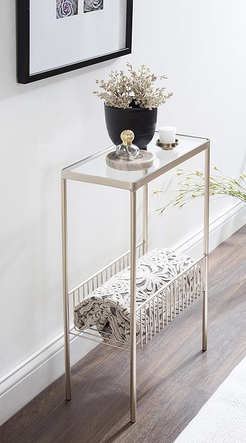 Kate and Laurel Trubey Modern Side Table, 15.75 x 8 x 24.6, Silver, Contemporary End Table with Glass Top