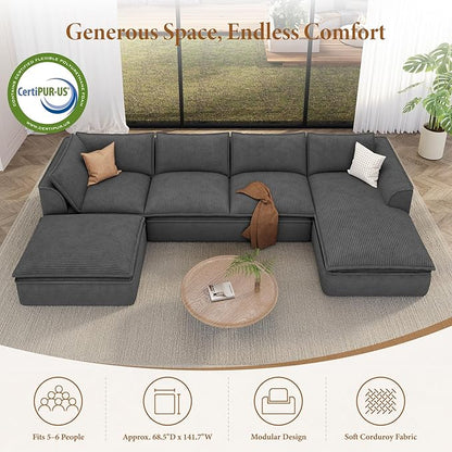 Vesgantti 141.7" U Shaped Boneless Sectional Couch, Modern 6 Seater Modular Sofa with Chaise & Ottoman, Deep Seat Corduroy Cloud Couches for Living Room, No Assembly Required, Dark Gray