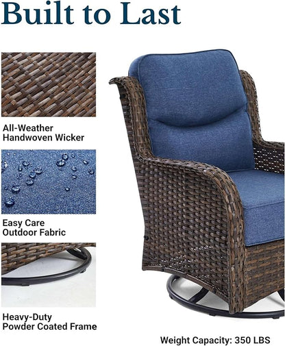 HILLGA Luxury Patio Furniture Set with 6-Inch Thick Cushions, High Back Outdoor Swivel Rocker Chairs and Table, 3-Piece All Weather Conversation Set for Porch Deck Balcony Yard, Blue (V3)