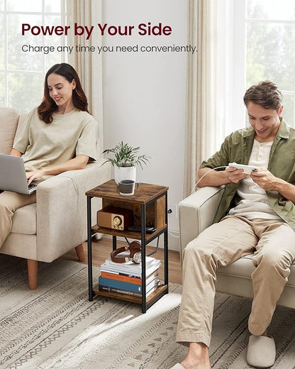 VASAGLE Side Table with Charging Station, 3-Tier End Table with USB Ports and Outlets, Nightstand for Living Room, Bedroom, 11.8 x 13.4 x 22.8 Inches, Plug-in Series, Rustic Brown and Black