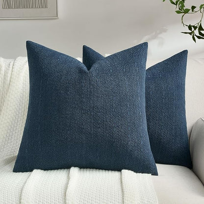 FUTEI Navy Blue Chenille Throw Pillow Covers 18x18 Inch Set of 2,Soft Striped & Diamond Textured Cushion Cases,Modern Home Decor for Couch Living Room