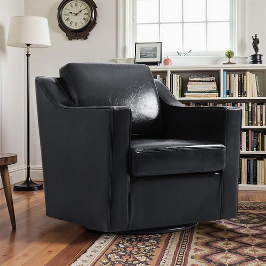 Pia Ricco 360° Swivel Accent Chair, Oversized Modern Faux Leather Armchair with Removable Cover for Living Room and Reception,Black
