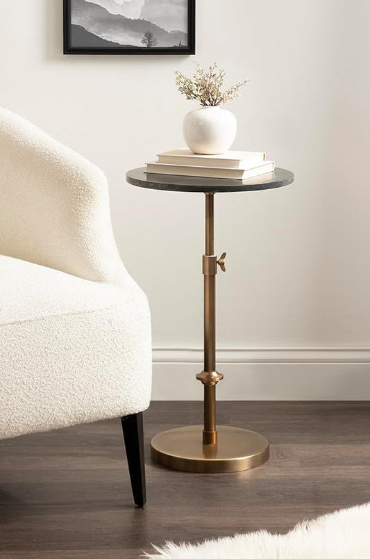 Kate and Laurel Engles Traditional Adjustable-Height Pedestal Side Table, 14 x 14 x 30, Black Marble and Antique Brass, Vintage Round End Table for Use as Indoor Plant Stand with Authentic Marble Top
