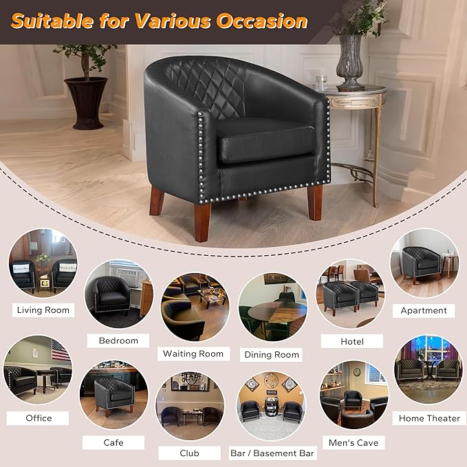 Prilinex Comfy Barrel Accent Chair Set of 2 - Faux Leather Living Room Chair Club Chair with Cushion, Diamond Grid Backrest & Nailhead Trim, Guest Chair for Office, Bedroom & Waiting Room, Black