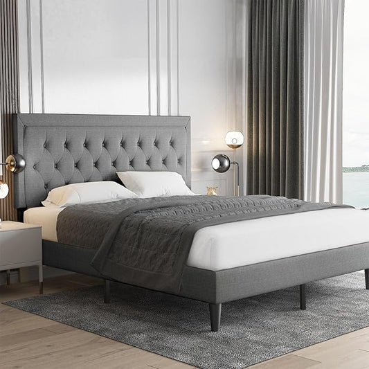 Allewie King Size Upholstered Platform Bed Frame with Adjustable Headboard, Button Tufted, Wood Slat Support, Easy Assembly, Light Gray