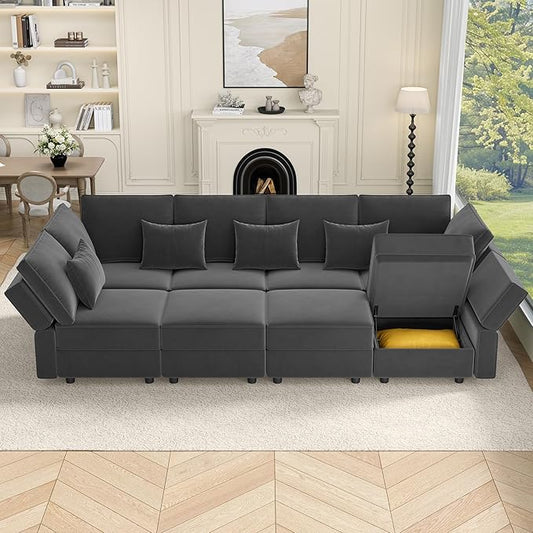 Vesgantti Sectional Sleeper Sofas with Storage, 118" Sofa Bed with 8 Seats Storage Chaises Removeble Cover, Deep Seat Modular Couches Velvet Couch Set for Living Room, Apartment, Home Theatre, Gray