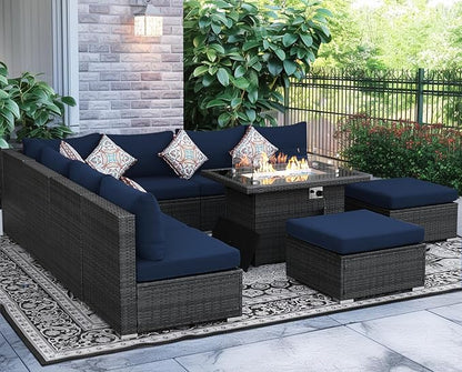NICESOUL 10 Piece L-Shaped Outdoor Furniture Conversation with Fireplace Natural Gas/Propane, 29.3'' High Back Oversized Rattan Sofa Couch, Wide Deep Seated Patio Sectional, 2 Color Cushion Navy&Grey
