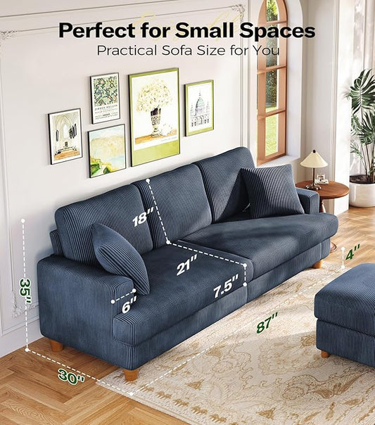 Kidirect 87in Corduroy Couch, Sofa No Tool Assembly, Comfy Couches for Living Room 21in Deeper Seats, Corduroy Sofas for Living Room with 2 Pillows, Oversized Loveseat Sofa, Boho Love Seat Blue Couch