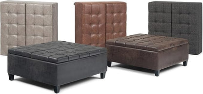 SIMPLIHOME Harrison Coffee Table Storage Ottoman - 36 inch Wide Upholstered Vegan Leather Square Lift-Top Ottoman in Distressed Brown, Transitional Ottoman for Living Room with Hidden Storage