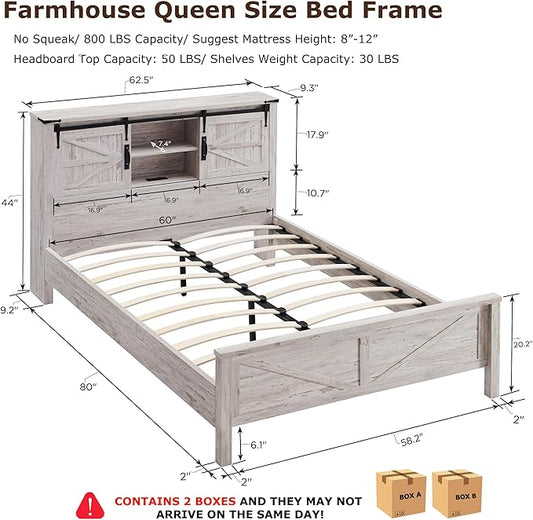 T4TREAM Farmhouse Queen Size Bed Frame w/Storage Bookcase Headboard, Sliding Barn Door, Charging Station, Rustic Wood Platform Bed w/Wood Slats Support, No Box Spring Needed, Antique Brush White