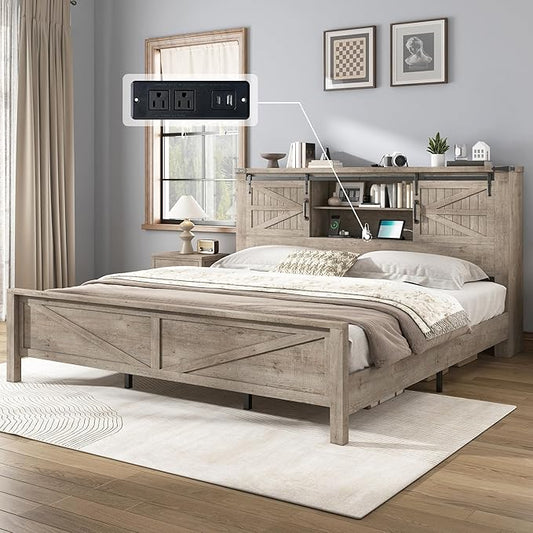 AMERLIFE Farmhouse King Bed Frame, Rustic Wood Platform Bed w/Barn Door Storage Bookcase Headboard & Charging Station, Bedroom Furniture, No Box Spring Needed, Light Grey