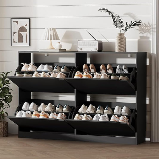 Shoe Storage Cabinet for Entryway with 4 Flip Drawers, Sturdy Wood Hidden Shoe Storage, Freestanding Narrow Slim Shoe Organizer for Front Door Entrance, Living Room, Hallway, Bedroom, Black