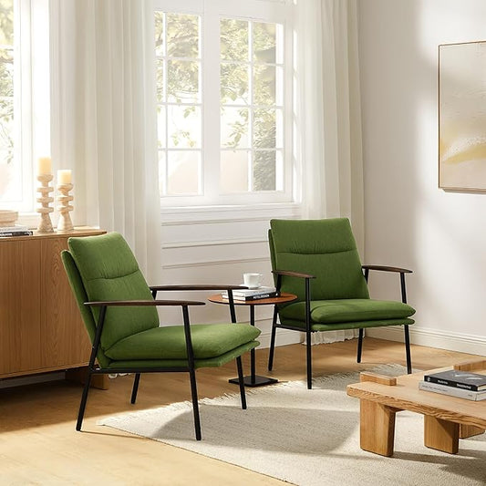 Art Leon Accent Chairs Set of 2-Mid Century Modern Accent Chairs Fabric Reading Bedroom Chair Armchair Wooden Arms Metal Frame Living Room Chair for Bedroom, Green