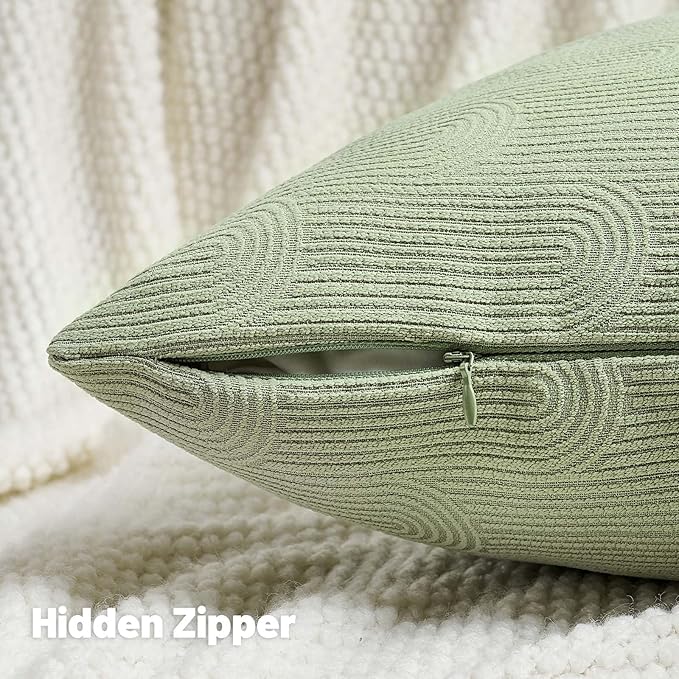 FUTEI Sage Green Chenille Decorative Throw Pillow Covers 16x16 Inch Set of 2,Soft Cozy Striped Geometric Patterns Cushion Case,Modern Home Decor for Couch Bed Living Room