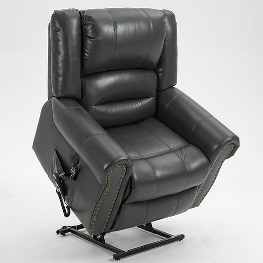 Luxlen Power Lift Recliner Chair for Elderly, Dual Motor Massage Recliner with Lumbar Heat, Heavy Duty Motion Mechanism Lift Chair with Charge Ports, Faux Leather - Gray
