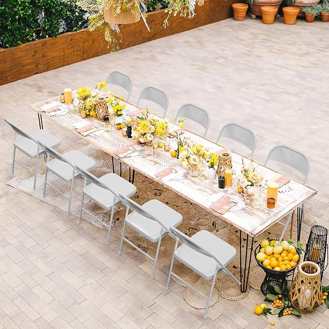 VINGLI Folding Chairs All Steel Metal Frame, Capacity 350 lbs, Durable Portable and Versatile for Indoor Outdoor Use, White, Set of 4
