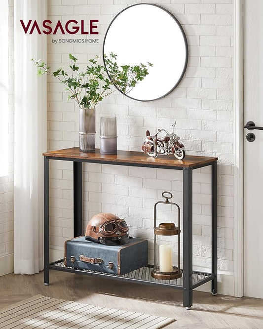 VASAGLE Set of 2 Narrow Sofa Console Tables, 2-Tier Entryway Tables with Mesh Shelf, Steel Frame, Adjustable Feet, for Hallway, Living Room, Industrial Style, Rustic Brown and Black ULNT80X-2J