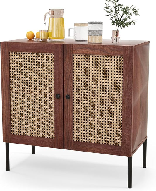 COSTWAY Buffet Cabinet with Storage, Storage Sideboard with Rattan Decorated Doors, Adjustable Shelf, Metal Legs, Accent Cabinet, Buffet Table Credenza for Hallway, Entryway, Living Room (1, Walnut)