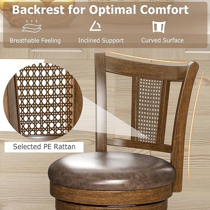 COSTWAY Barstools Set of 4, 30” Solid Rubber Wood Swivel Bar Chairs with Faux Leather Seat, Curved PE Rattan Back, for Living Room & Kitchen Island, Brown (4, 30” Seat Height)