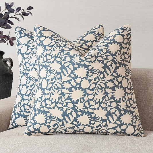 Foindtower Set of 2 Decorative Neutral Floral Throw Pillow Covers Accent Farmhouse Cushion Covers Boho Vintage Pillowcase for Couch Sofa Bedroom Living Room Home Decor,22×22 Inch,Dusty Blue