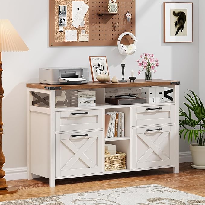 Filing Organization Storage Cabinets 4 Drawer with Adjustable Shelf, Lateral Filing Cabinet with Open Storage Shelf for Home Office, Farmhouse File Cabinets for Hanging Files Letter/A4.White