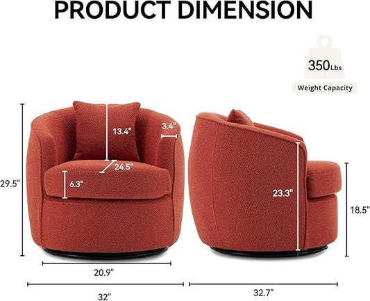 Swivel Accent Chair Set of 2, Modern Upholstered Boucle Barrel Arm Chairs with Pillow for Living Room, 360 Degree Round Swivel Sherpa Armchair with Round Base for Bedroom Club (2, Orange)