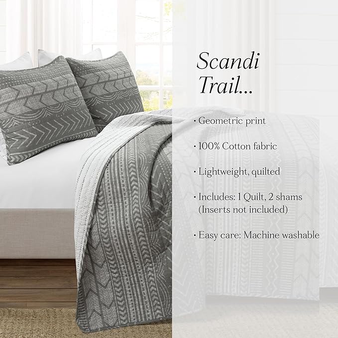 Lush Decor Hygge Geo Pattern Striped 3 Piece Quilt Bedding Set, King, Charcoal