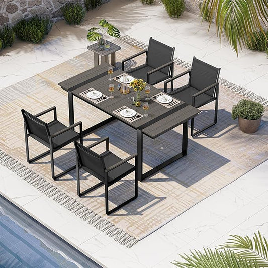 Outdoor Table and Chairs of 4, Patio Dining Sets, HDPS + Aluminum Outdoor Furniture Set with Umbrella Hole, Patio Dining Table Set (Charcoal)