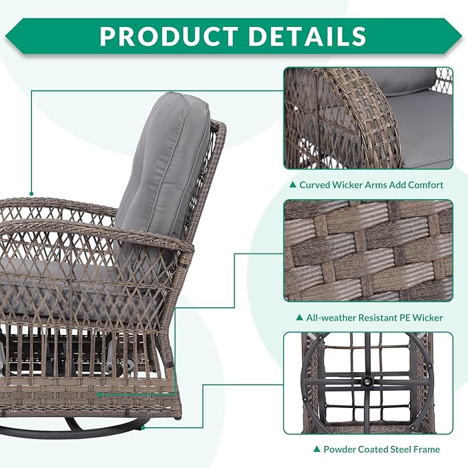 VIVIJASON 5-Piece Outdoor Patio Wicker Conversation Sets, All Weather Outdoor Rattan Furniture Set Includes Glider Loveseat, 2 Coffee Table, 2 Swivel-Gliders Chairs with Cushions, Grey