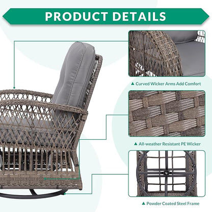 VIVIJASON 5-Piece Outdoor Patio Wicker Conversation Sets, All Weather Outdoor Rattan Furniture Set Includes Glider Loveseat, 2 Coffee Table, 2 Swivel-Gliders Chairs with Cushions, Grey