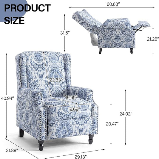 Recliner Chair, Upholstered Wingback Floral Pushback Armchair with Adjustable Backrest & Footrest, Comfy Accent Chair Reading Single Sofa for Small Spaces, Living Room, Bedroom-Navy Blue, Set of 2