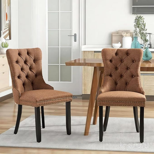 Linen Upholstered Dining Chairs Set of 2, Modern Style Kitchen Side Chairs with Nailhead Trim and Wood Leg, Metal Pulling Ring for Dining Room Living Room(Coffee,Set of 2)