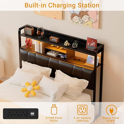 Unikito Headboard for Full Size Bed Frame, Upholstered Head Board with Outlets, USB Ports and LED Light, Comfortable Leather Headboards with Storage Shelf, Sturdy Full Bed Headboard Only, Black