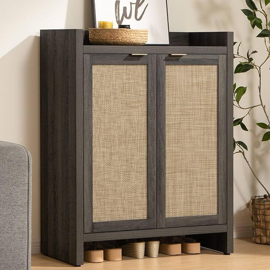 SICOTAS Shoe Storage Cabinet Set of 3, Large Capacity Rattan Shoe Cabinet for Entryway, 6-Tier 41" Tall Shoe Cabinet, Farmhouse Wooden Storage Cabinet for Living Room Hallway, Black Oak
