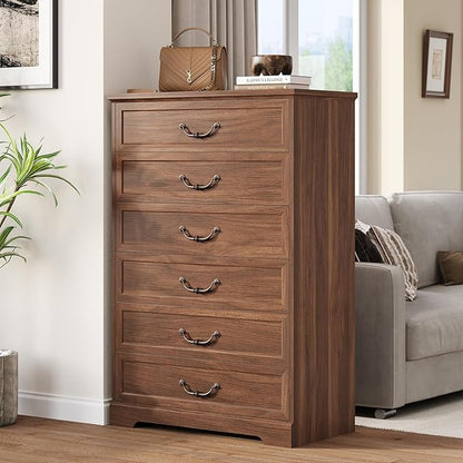 DICTAC Farmhouse 6 Drawers Dresser for Bedroom, 48.2" Tall Dressers Chest of Drawer, Large Storage Closet Organizer with Natural Texture and Vintage Metal Handle, Wooden Vertical Dresser for Hallway