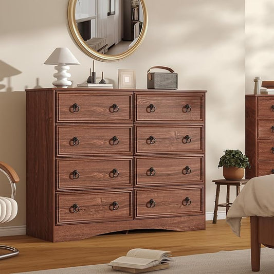8 Drawer Dresser for Bedroom, Large Dressers Mid Century Modern Cherry Wood Chest of Drawers,Storage Organizer Furniture, Hallway, Entryway, Closet, Cherry Wood