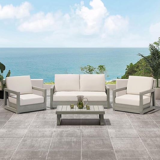 Christopher Knight Home Olaf 4 Pieces Outdoor Conversation Set, Acacia Wood Chat Set, Rectangular Coffee Table and Patio Loveseat with 2 Club Chairs, Patio Furniture Set with Cushion, Beige+Light Grey