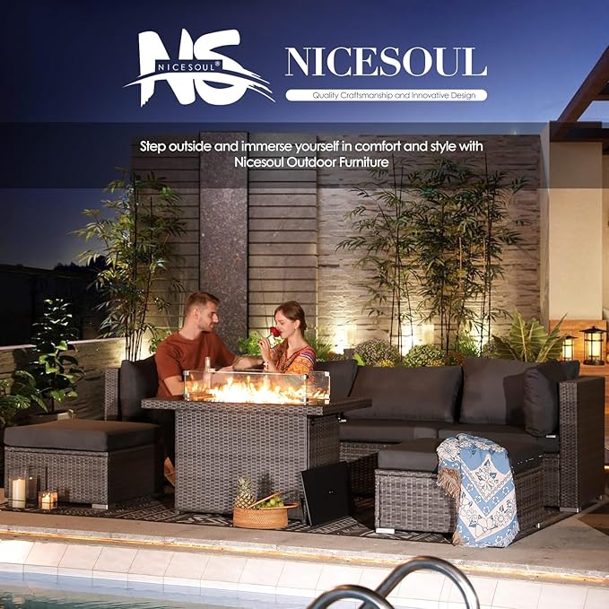 NICESOUL 9 Piece Outdoor Patio Sectional Furniture Sofa Set with Fire Pit Natural Gas Propane, 29.3'' High Back Modern Large Size Wicker Conversations with Fireplace for Backyard, Deep Seats Gray