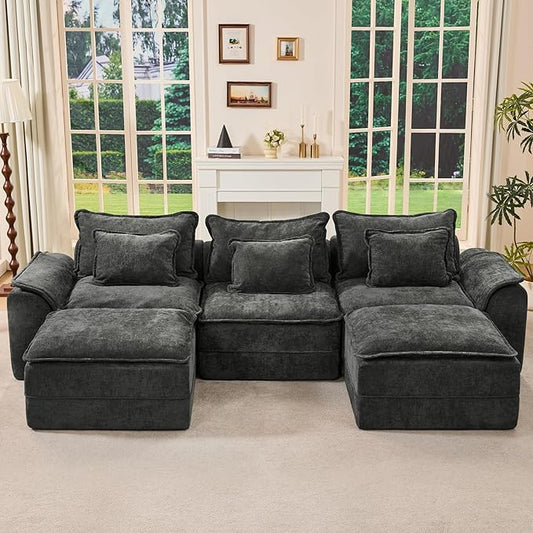 Hobestluk 120" Cloud Modular Sectional Couch 3-Seater Sofa with Ottomans U Shaped Couch Deep Seat Sofa with Removable Cover Large Sofa for Living Room (Dark Grey, 3-Seater Sofa with Two Ottomans)