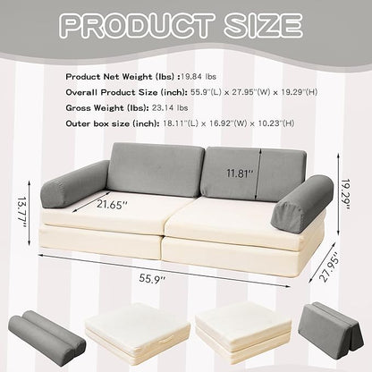 Modular Play Sofa, Instant Expansion, Corduroy Fabric, Grey and Beige