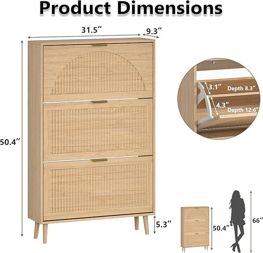 Shoe Cabinet for Entryway with 3 Flip Drawers, Slim Wooden Shoe Storage Organizer with Modern Fluted Pannel，Freestanding Narrow Hidden Shoe Rack for Hallway, Foyer, Living Room