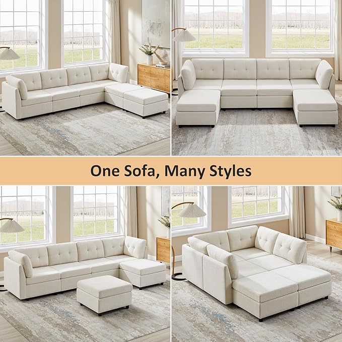 VANOMi 4 Seater Modular Sectional Sofa with 2 Ottomans, 118" Cloud Sofas & Couches, Comfy Chenille Sectional Couches for Living Room, Apartment, Office, Beige, U Shaped