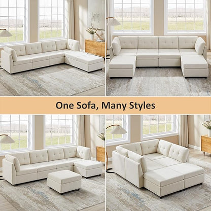 VANOMi 4 Seater Modular Sectional Sofa with 2 Ottomans, 118" Cloud Sofas & Couches, Comfy Chenille Sectional Couches for Living Room, Apartment, Office, Beige, U Shaped