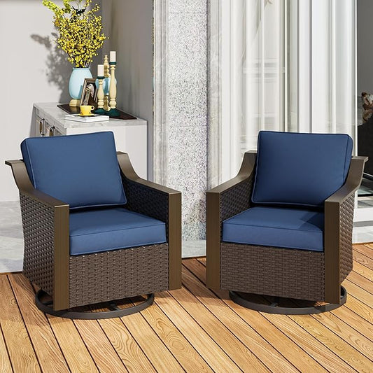 Patio Swivel Chairs Set of 2, Metal Wicker Conversation Furniture Set, Upholstered & 360 Degree Glider Rockers Armchairs, PE Rattan, Metal armrests, Terrace (Navy Blue)