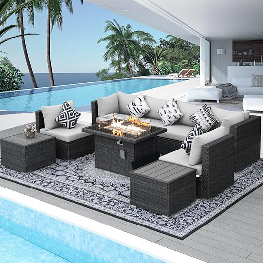 NICESOUL 9 Piece Patio Set with Firepits Natural Gas/Propane, 29.3'' High Back Comfortable L Shape Outdoor Conversations, XL Large Size Deep Seated Wicker Sectional Sofa Furniture Set, Gray