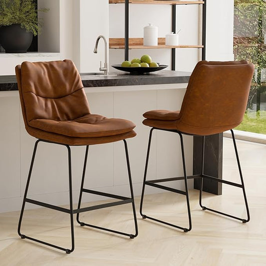 SIMPLIHOME Danika Counter Stools (Set of 2) - 24 Inch Seat Height Upholstered Metal Kitchen Seats in Camel Brown Vegan Faux Leather, Mid Century Modern Seating with Tufted Design and Footrest