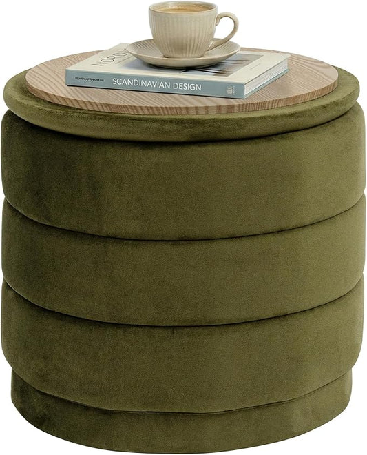 PINPLUS Round Velvet Ottoman Tray, Olive Green Upholstered Decorative Accent for Footstool or Coffee Table, Removable Serving Surface