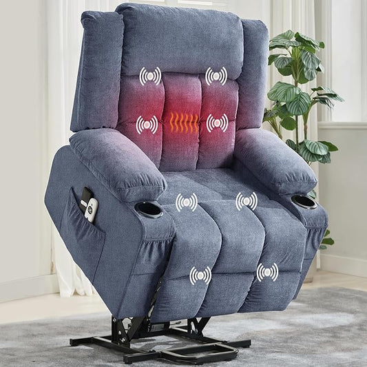 Large Power Lift Recliner Chair for Elderly Overstuffed Wide Electric Lift Chair with Heat and Massage for Big and Tall Adults Reclining Sofa Chair with 2 Cup Holders, Side Pocket, USB Port, Blue